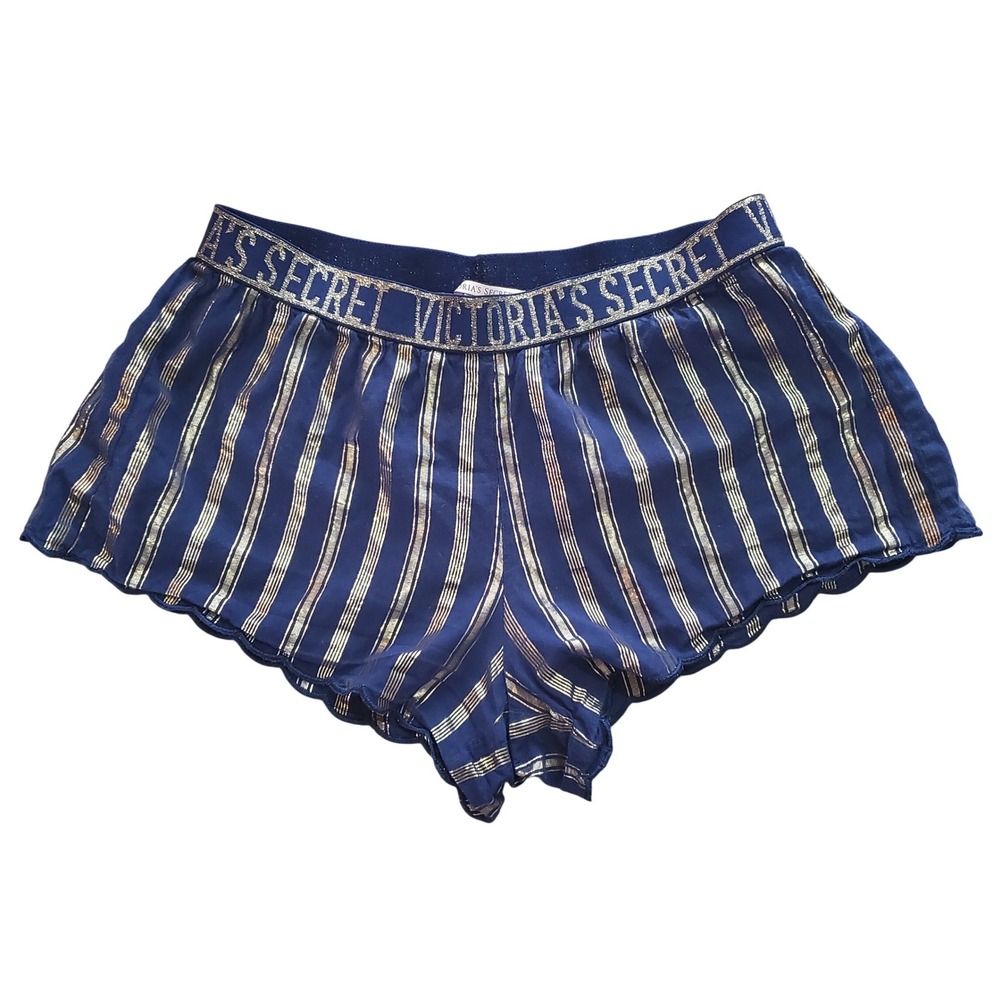 Victorias Secret Navy Blue Gold Metallic Striped Pajama Shorts Logo Waist XS